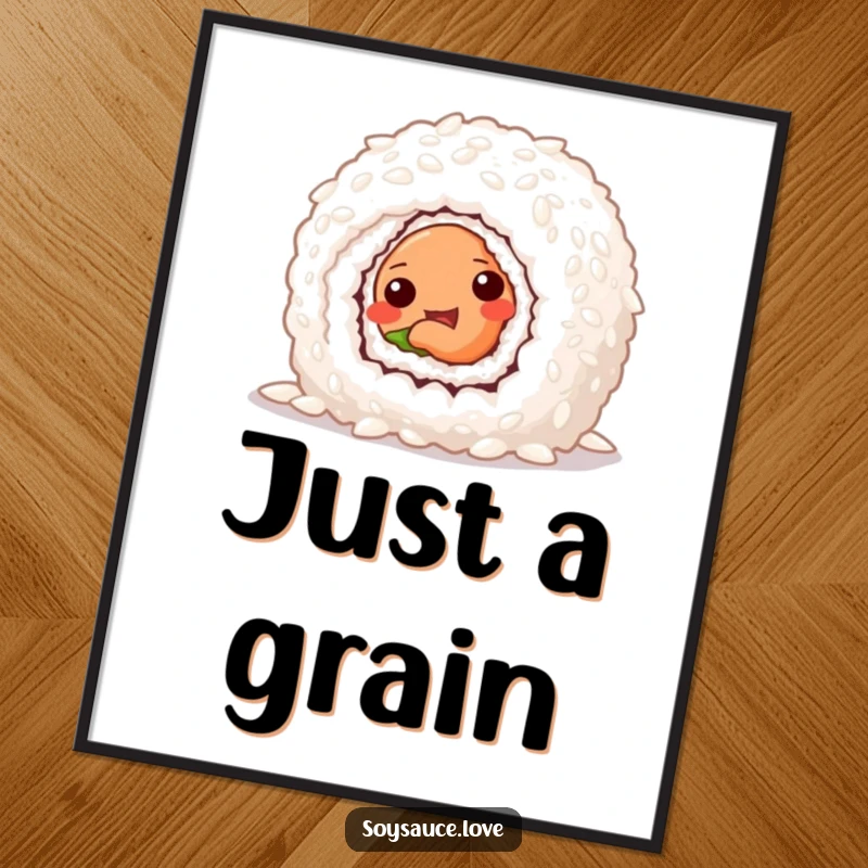 Funny digital art print of a mischievous sushi roll peeking from behind rice, a humorous and artistic food illustration.