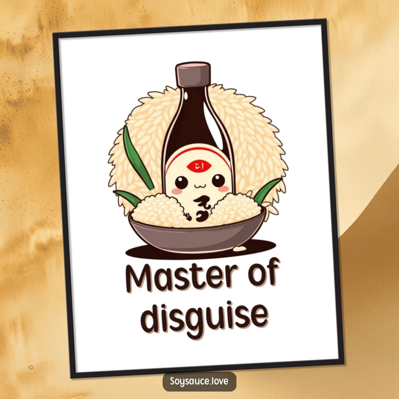 Funny Kawaii digital art print of a shy soy sauce bottle character hiding behind a grain of rice, perfect for playful and charming foodie decor.