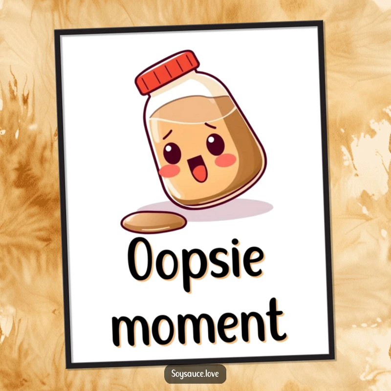 Funny Kawaii Soy Sauce Digital Art Print, a soy sauce bottle tipping over with surprise, instant downloadable decor.