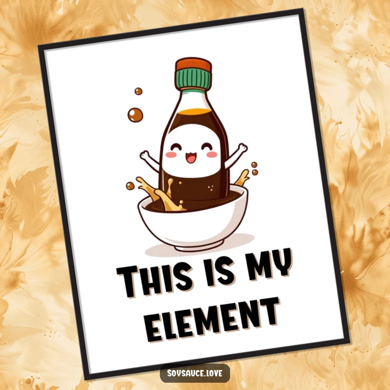 Funny digital art print of a kawaii soy sauce bottle character joyfully splashing into a tiny bowl, adding cheer.