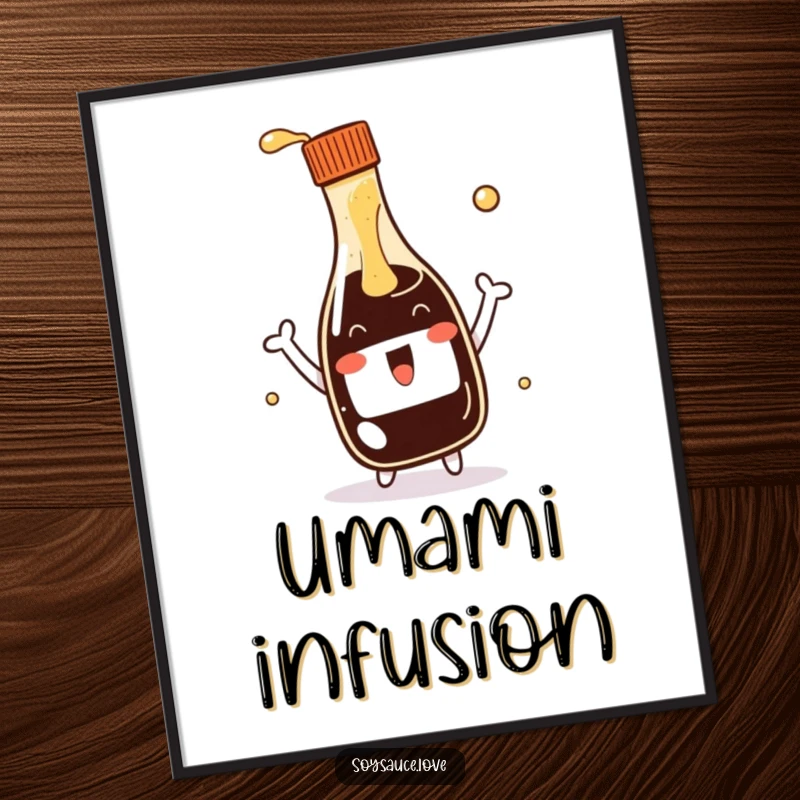 Funny kawaii soy sauce bottle digital art print, showing an animated bottle enthusiastically offering a splash, perfect for immediate humorous decor.