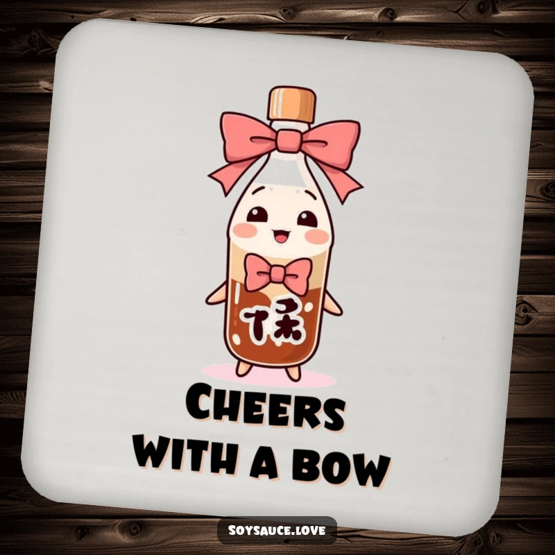 Funny anthropomorphic soy sauce bottle performing an exaggerated bow, featured on a drink coaster for a humorous and polite table accent.