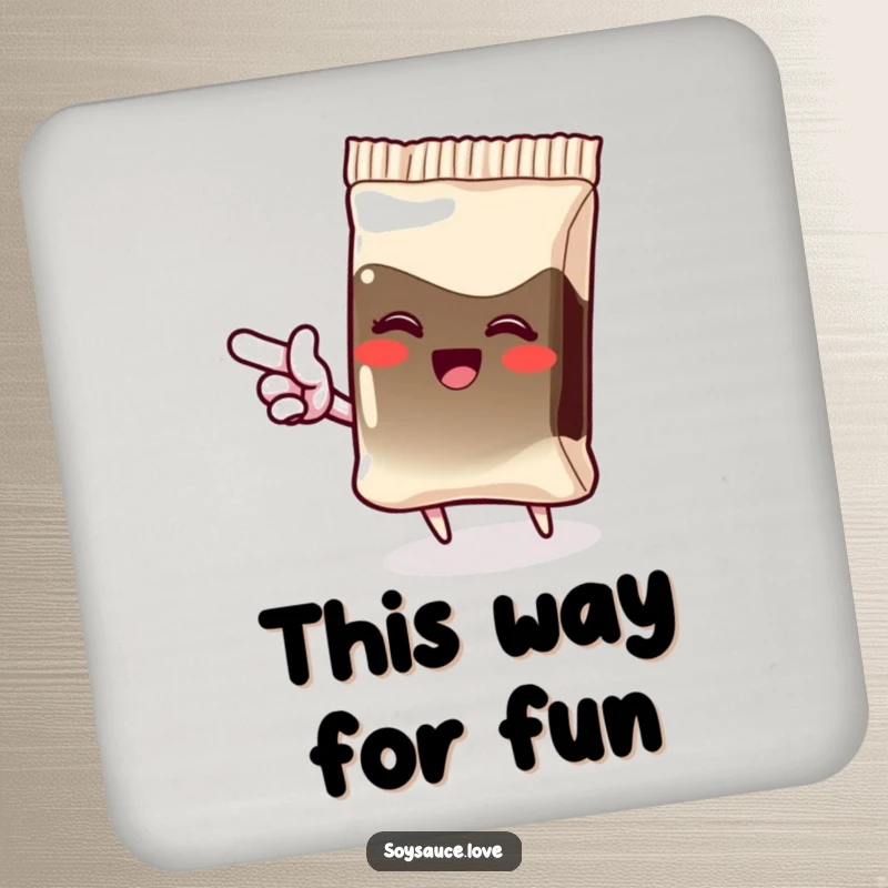Funny drink coaster with a giggling kawaii soy sauce packet pointing with excitement, perfect for adding a touch of humor to any surface.