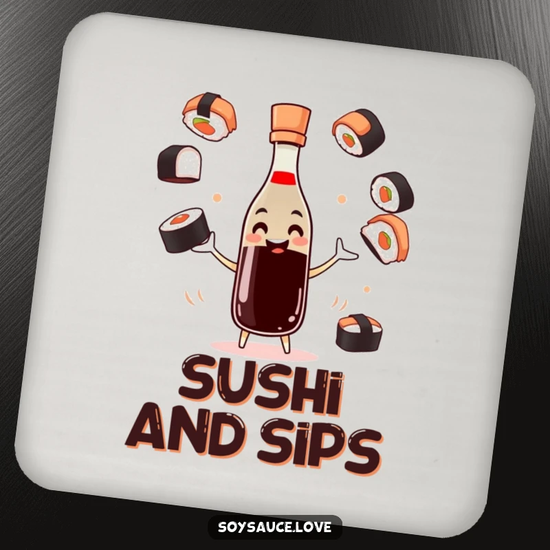 Funny soy sauce coaster with a smiling bottle character juggling sushi pieces, adding playful protection.