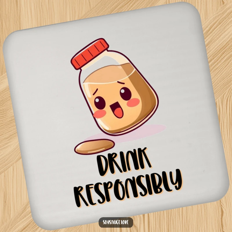 Funny Kawaii Soy Sauce Coaster, a soy sauce container tipping over with a surprised expression, protects surfaces humorously.