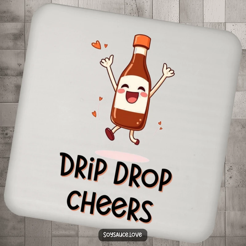 Funny Coaster with a joyful soy sauce bottle in a celebratory jump, dripping happily.