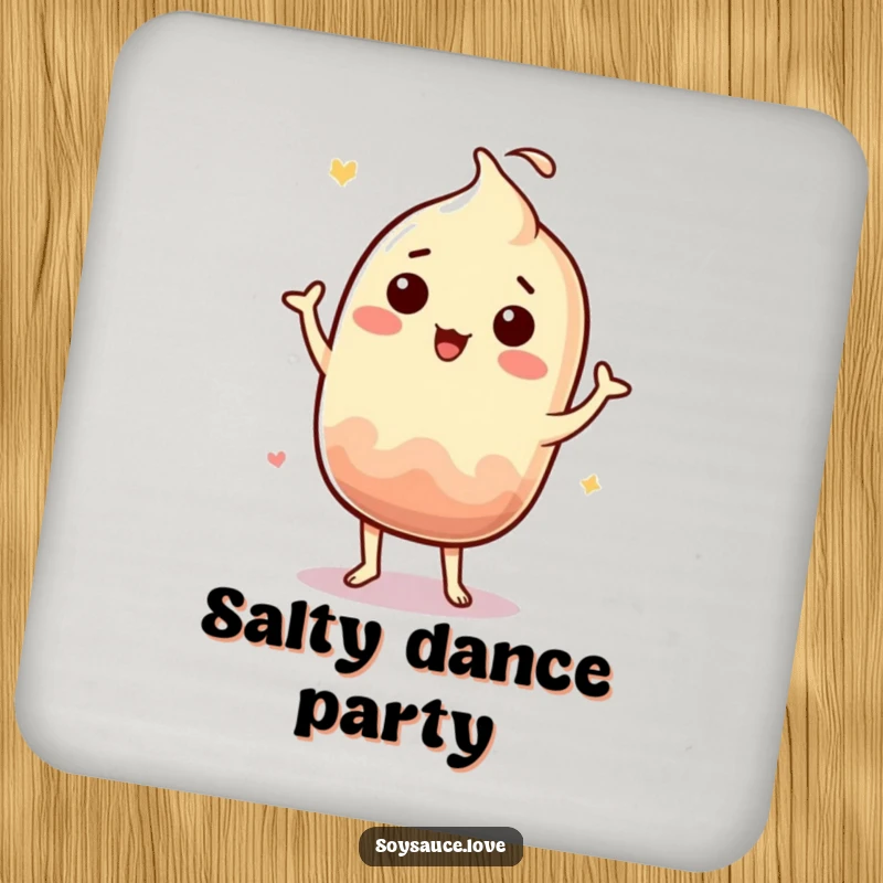 Funny Kawaii soy sauce character in a silly jig on a coaster, offering humorous table protection.