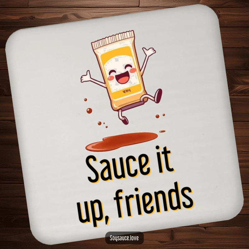 Funny anthropomorphic soy sauce packet doing a joyful cartwheel, with a tiny bit of splatter, protective and humorous drink coaster.