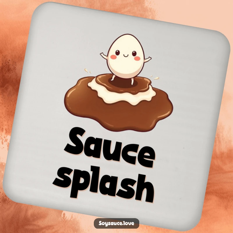 Funny coaster featuring a cheerful egg character surfing a soy sauce puddle, protecting surfaces with a playful design.