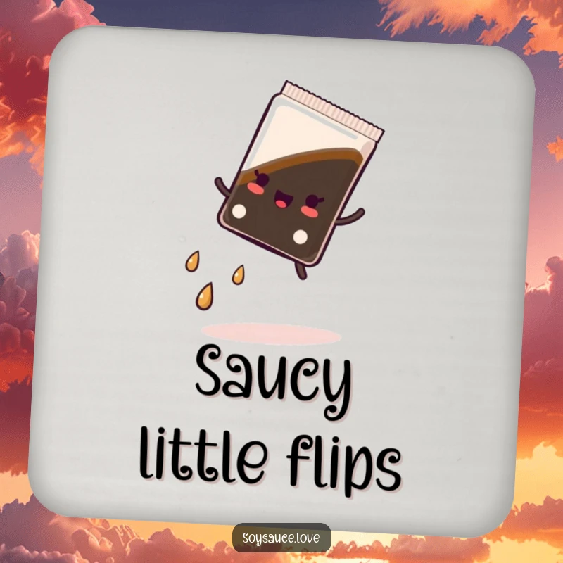 Funny drink coaster with a kawaii soy sauce packet doing a cartwheel, with tiny droplets, adding a humorous touch to any table.