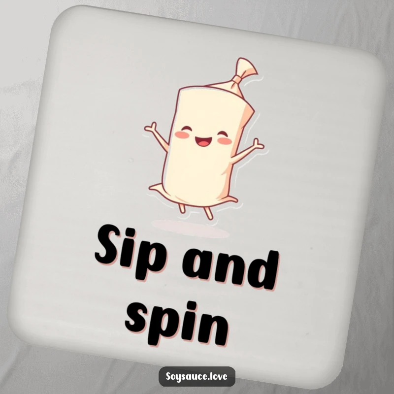 Funny coaster featuring a smiling wonton wrapper character doing a twirl, protecting surfaces with a joyful design.