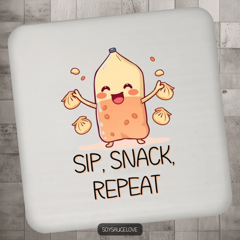 Funny soy sauce sachet character juggling tiny dumplings with stubby arms, featured on a drink coaster for a humorous table accent.