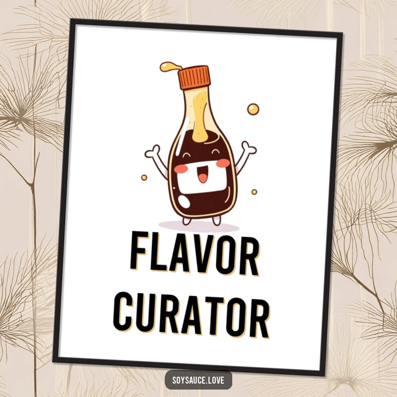 Funny kawaii soy sauce bottle poster, featuring an animated bottle enthusiastically pouring a splash, creating a humorous and cheerful wall decoration.