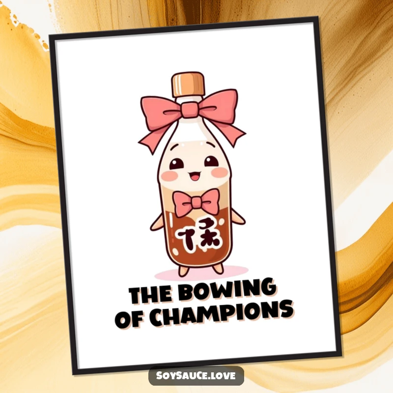 Funny soy sauce bottle character in a deep, exaggerated bow, presented as a humorous art print for walls.