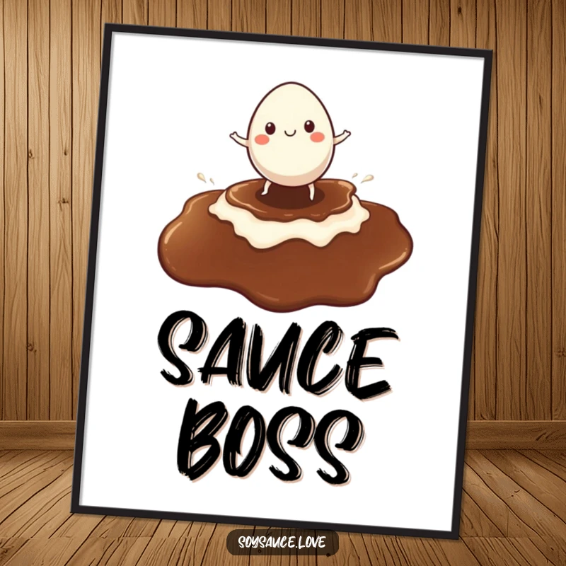 Funny poster featuring a cheerful egg character surfing a large soy sauce puddle, bringing a fun and energetic vibe.