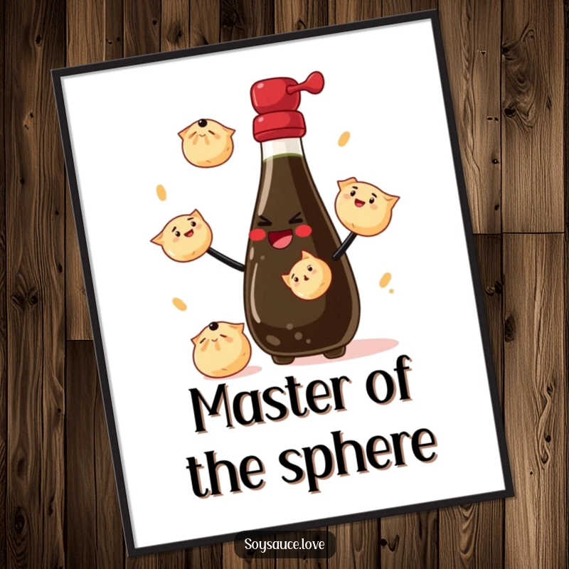 Funny Poster: An illustration of a soy sauce bottle with a smile, skillfully juggling miniature dumplings, adding a touch of whimsy.