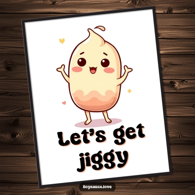 Funny Kawaii soy sauce character captured mid-silly jig, creating lively and humorous wall art.