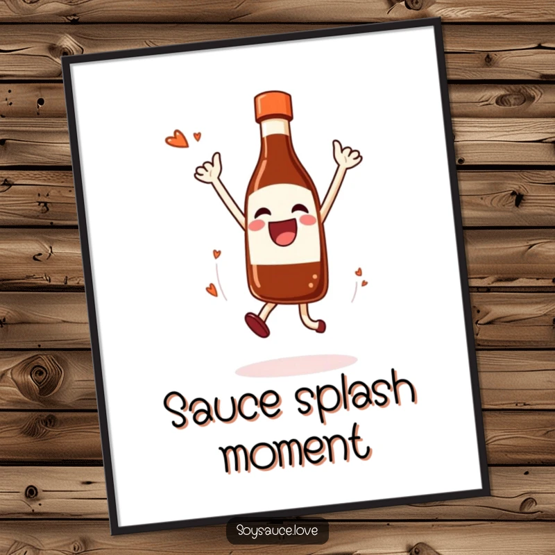 Funny Poster illustrating a joyful soy sauce bottle in a celebratory mid-air jump, happily dripping.