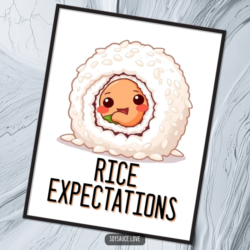 Funny poster featuring a mischievous sushi roll peeking mischievously from behind a giant grain of rice, a humorous food illustration.