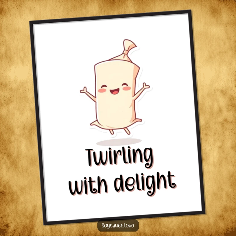 Funny poster depicting a smiling wonton wrapper character joyfully twirling, adding a vibrant and happy element to decor.