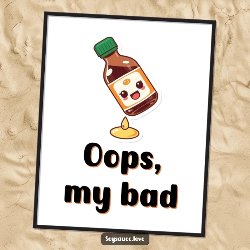 Funny soy sauce bottle poster illustrating a comical slip on a liquid drop, adding a humorous and eye-catching element to wall decor.