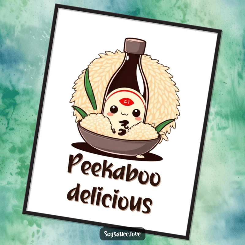 Funny Kawaii poster art of a shy soy sauce bottle character hiding behind a giant grain of rice, perfect for humorous food-themed decor.