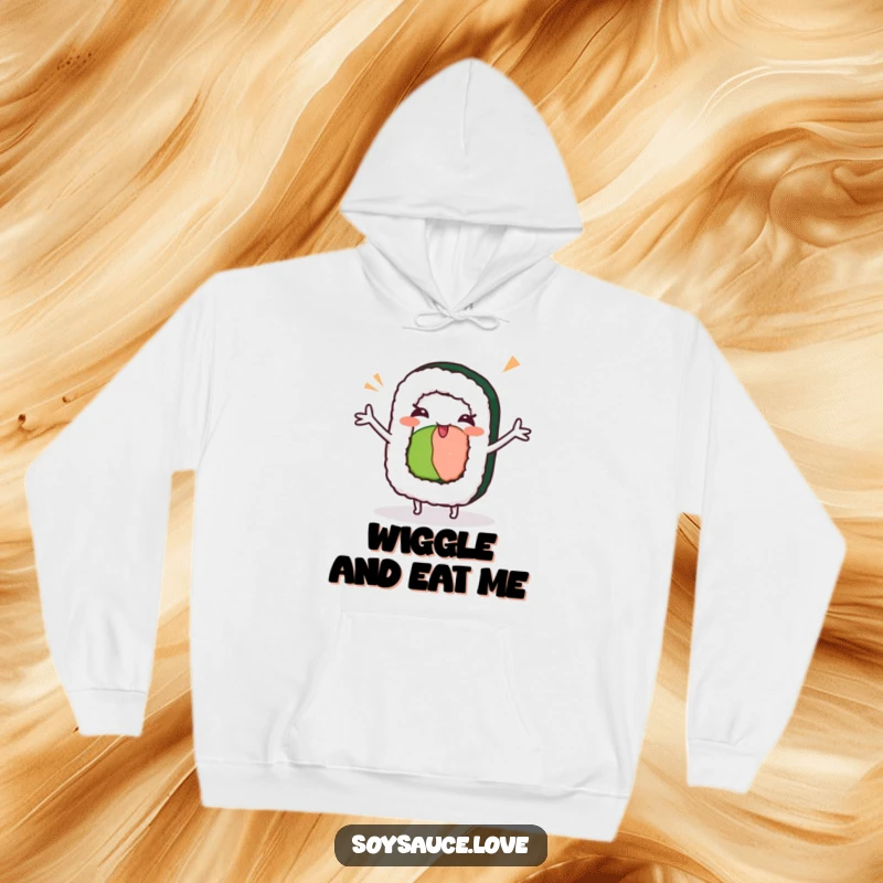 Funny kawaii sushi roll with arms outstretched, doing a silly dance and winking, comfortable and humorous hoodie.