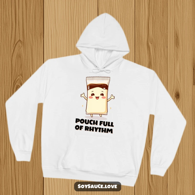 Funny Hoodie: A warm garment featuring a dancing soy sauce packet, perfect for food lovers seeking comfort and humor.