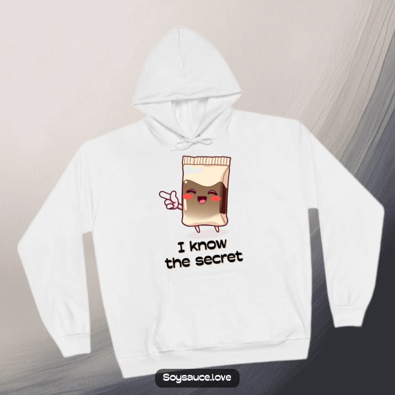 Funny hoodie depicting a giggling kawaii soy sauce packet pointing with an enthusiastic flourish, embodying delight and excitement.