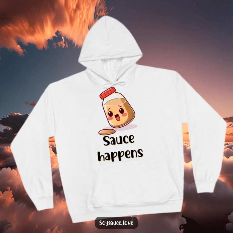 Funny Kawaii Soy Sauce Hoodie, a tipping soy sauce bottle with a surprised face, comfortable and humorous apparel.