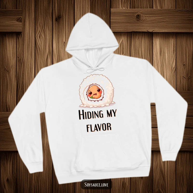Funny hoodie depicting a sly sushi roll emerging from behind a giant grain of rice, embodying playful stealth.