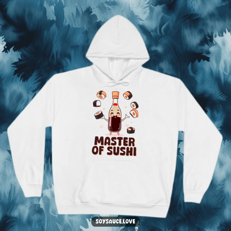 Funny soy sauce hoodie with a smiling bottle character juggling sushi pieces, offering warmth and playful culinary vibes.