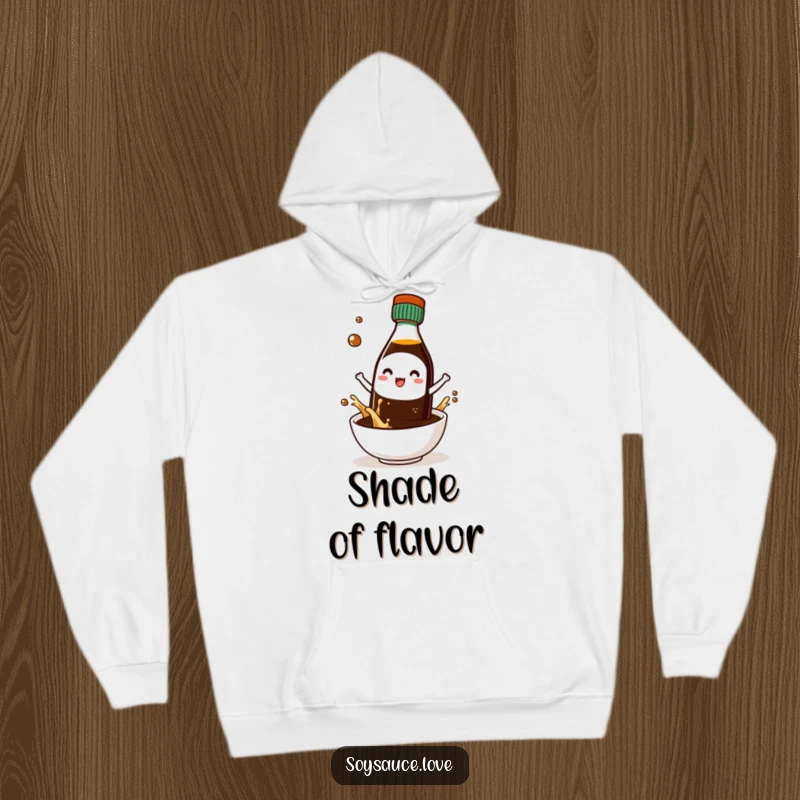 Funny hoodie with a kawaii soy sauce bottle character wearing tiny sunglasses, offering cozy and cool vibes.