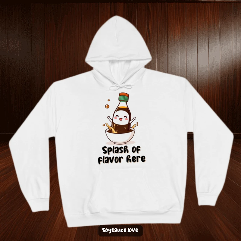Funny hoodie with a cute kawaii soy sauce bottle character making a joyful splash into a small bowl, bringing warmth.