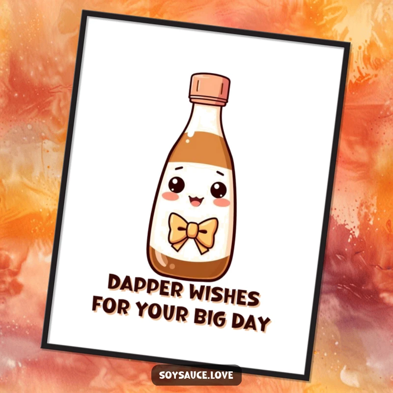Funny Free Printable Wall Art: A kawaii soy sauce bottle sporting a bow tie, performing a polite bow, bringing refined humor.