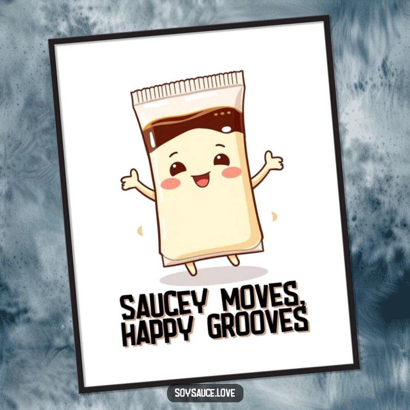 Funny Free Printable Wall Art: An animated soy sauce packet is captured in a dynamic, bouncy dance pose.