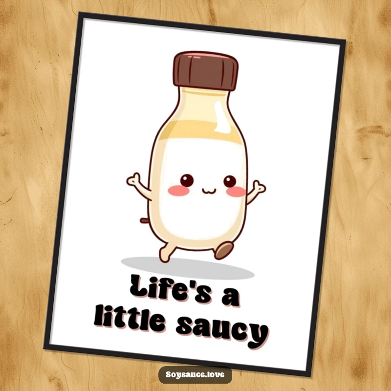 Funny Free Printable Wall Art: A kawaii soy sauce bottle doing a little hop, radiating pure joy and energy.