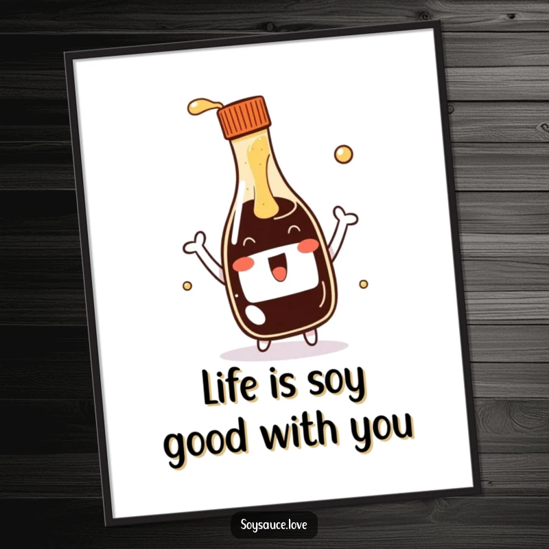 Funny Free Printable Wall Art: a kawaii soy sauce bottle, joyfully splashing from its spout, adds zest to decor.