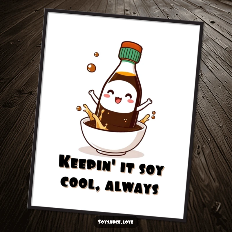 Funny Free Printable Wall Art of a Kawaii soy sauce bottle character wearing tiny sunglasses, radiating effortless cool and charm.