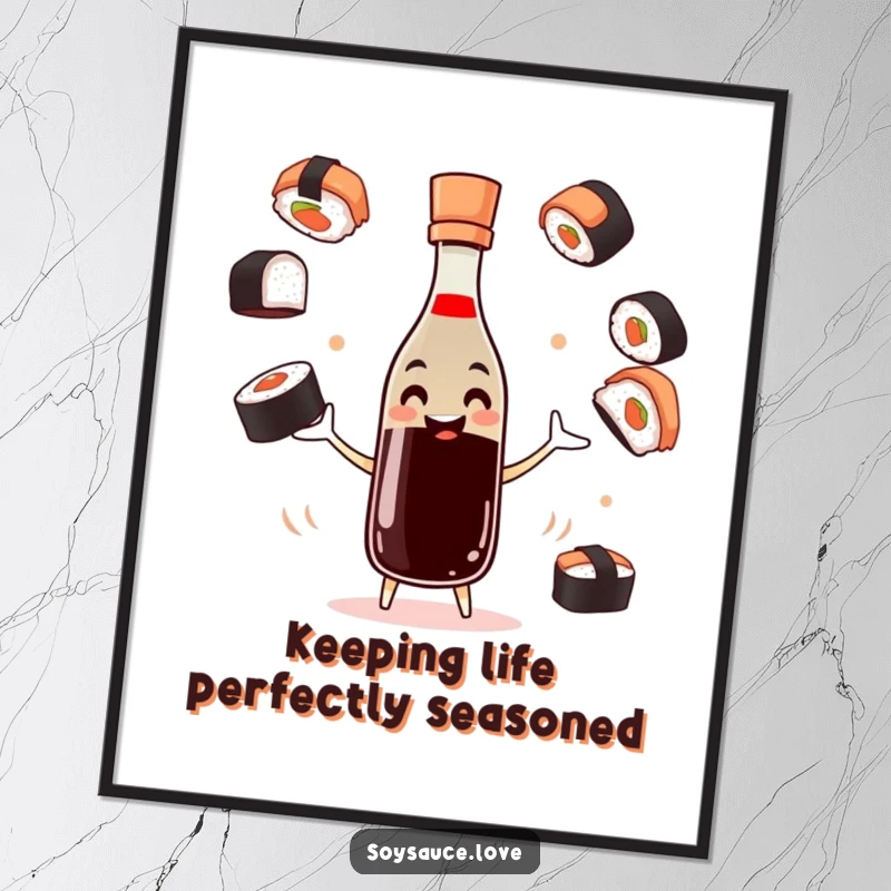 Funny Free Printable Wall Art: A smiling soy sauce bottle character is skillfully juggling various sushi pieces in a fun display.