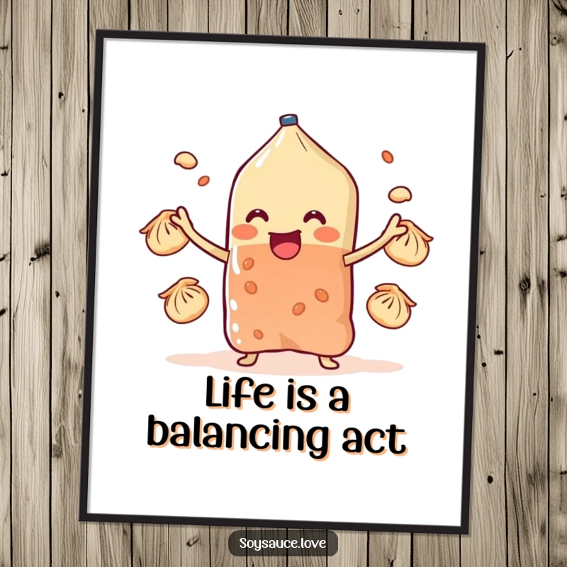Funny Free Printable Wall Art: A soy sauce sachet skillfully juggling several small dumplings against a simple background.