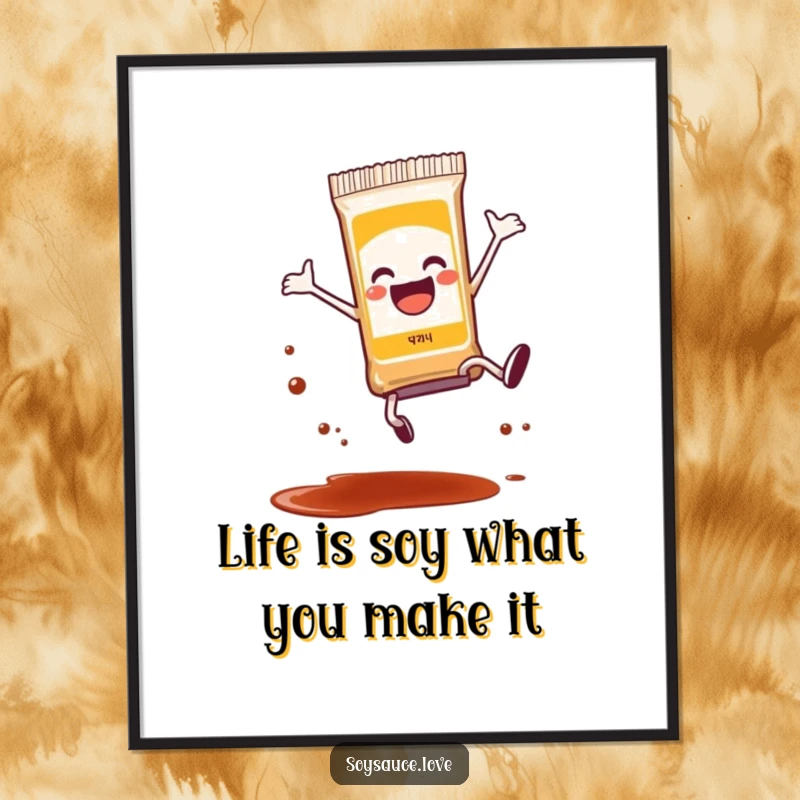 Funny Free Printable Wall Art: An anthropomorphic soy sauce packet doing a joyful cartwheel, a small splash nearby.