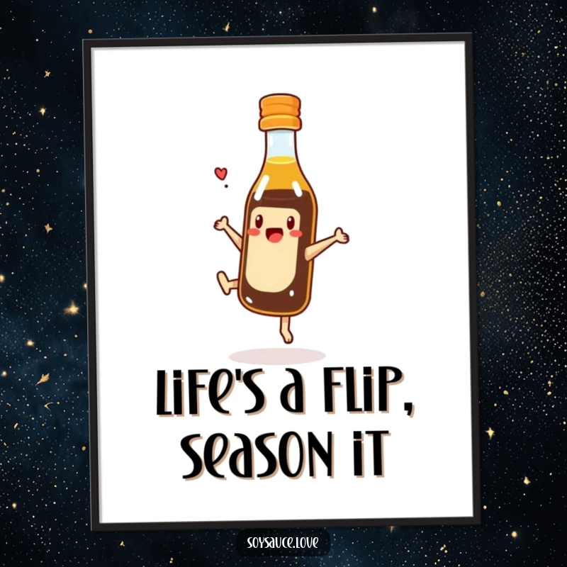 Funny Free Printable Wall Art: A small, animated soy sauce bottle character is captured mid-cartwheel, full of playful energy.