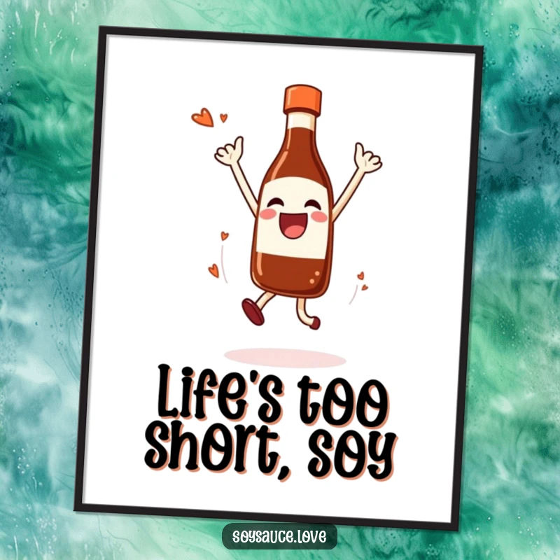 Funny Free Printable Wall Art: A joyful soy sauce bottle does a celebratory jump, happily dripping, adding a splash of fun.