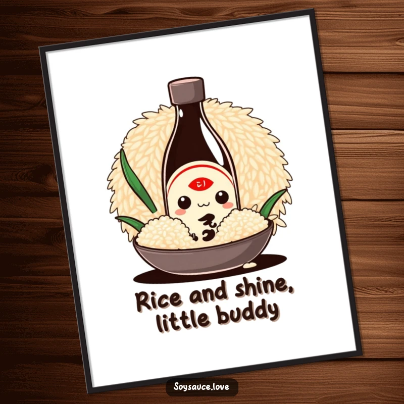 Funny Free Printable Wall Art depicting a Kawaii soy sauce bottle character playfully hiding behind an oversized grain of rice.