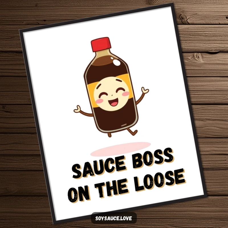 Funny Free Printable Wall Art: A grinning soy sauce bottle with tiny legs performing a comical, energetic jig on display.