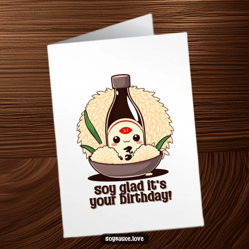 Funny Free Printable Birthday Card of a Kawaii soy sauce bottle character peeking shyly from behind a giant rice grain.