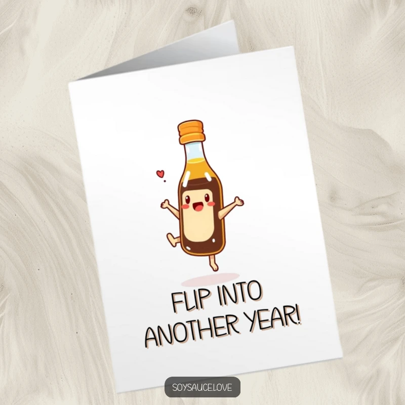 Funny Free Printable Birthday Card: A tiny, smiling soy sauce bottle character performs an energetic cartwheel with excitement.