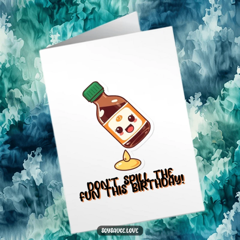 Funny Free Printable Birthday Card: A soy sauce bottle hilariously slips on a tiny puddle, looking surprised and comical.