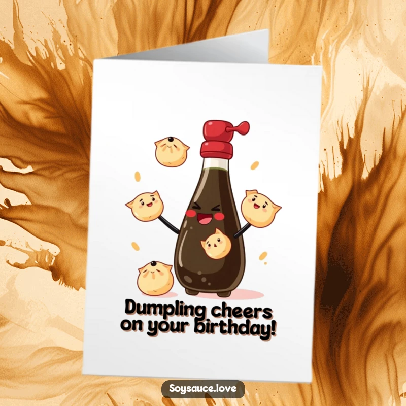 Funny Free Printable Birthday Card: A smiling soy sauce bottle expertly juggles several small dumplings.